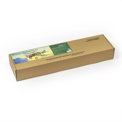 RC Foam Plane Kit 800mm Biplane SE5a Ready To Build For Adults packaging box with colorful biplane image and product details.