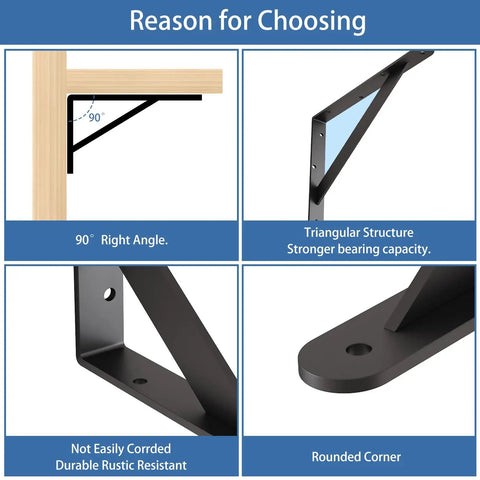 Built Tough As Nails 12X8 Inch Heavy Duty L Brackets For Shelves, Rock Solid Black Steel Angle Mounts With Triangular Support Design, Quick Install Hardware For Stress Free DIY Shelving Or Home Upgrades