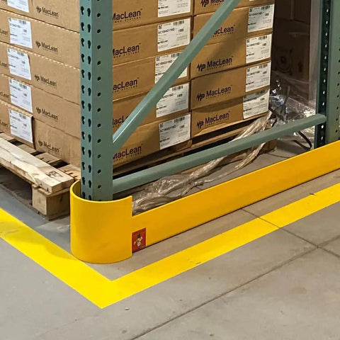 48 Inch Heavy Duty Right Hand Pallet Rack Protector Built Like A Tank Featuring Rock Hard Steel Half Moon Guard And Sloped Bracket To Dodge Forklift Kickbacks And Keep Your Inventory Bulletproof