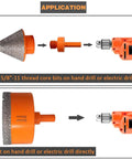 Front view: 3-piece tile beveling bits set with 2-inch cone beveling bit, 5/8-11 adapter and 1-inch finger milling bit.