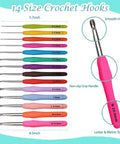 All In One Crochet Kit For Beginners With 14 Ergonomic Crochet Hooks 12 Yarn Skeins Stitching Tools Crochet Bag And Step By Step Guide In Bright Blue For Easy Crafting showing 14 crochet hooks with sizes labeled.
