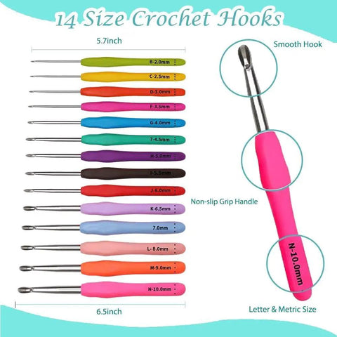 All In One Crochet Kit For Beginners With 14 Ergonomic Crochet Hooks 12 Yarn Skeins Stitching Tools Crochet Bag And Step By Step Guide In Bright Blue For Easy Crafting showing 14 crochet hooks with sizes labeled.