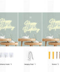 Happy Birthday neon sign on wall with adhesive hooks, chain, and screws for installation