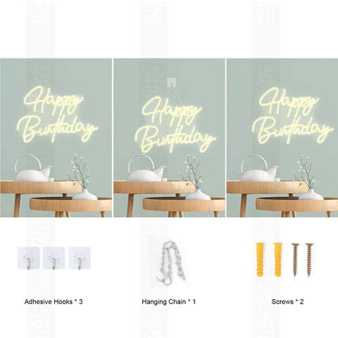 Happy Birthday neon sign on wall with adhesive hooks, chain, and screws for installation