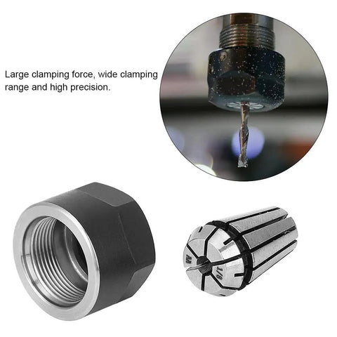Premium ER11 Collet Chuck With Strong Spring Steel Design For Heavy Duty Drilling And Boring Featuring 6mm And 3.175mm Clamping Nuts shown with nuts and drill bit.