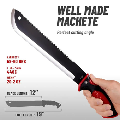 Beast 19 Inch Heavy Duty Machete With Saw Blade And Serrated Edge Rugged Black Coat Ergonomic Non Slip Handle shown in hand