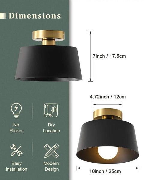 Modern Hallway Ceiling Light Fixture With Gold Plate And Matte Black Shade, Semi Flush Mount, dimensions included
