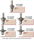 Pro Grade Badass Chamfer Router Bit Five Piece Set With One Quarter Inch Shank And Three Flute Twin Pilot Bearing Carbide Tips For Sleek Edge Forming And Sweet Bevel Cutting Angles Made In Usa with five bevel angles and cut details