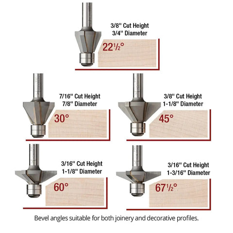 Pro Grade Badass Chamfer Router Bit Five Piece Set With One Quarter Inch Shank And Three Flute Twin Pilot Bearing Carbide Tips For Sleek Edge Forming And Sweet Bevel Cutting Angles Made In Usa with five bevel angles and cut details