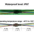 4 Pin Waterproof Car Wiring Connector Kit With 10Cm 16AWG Copper Wire Quick Disconnect Male Female For Cars Trucks Motorcycles Boats Marine 5 Pack Weatherproof Sealed Silicone Jacket For Extra Durability In Harsh Weather Conditions showing two connectors with color-coded wires and dimensions.