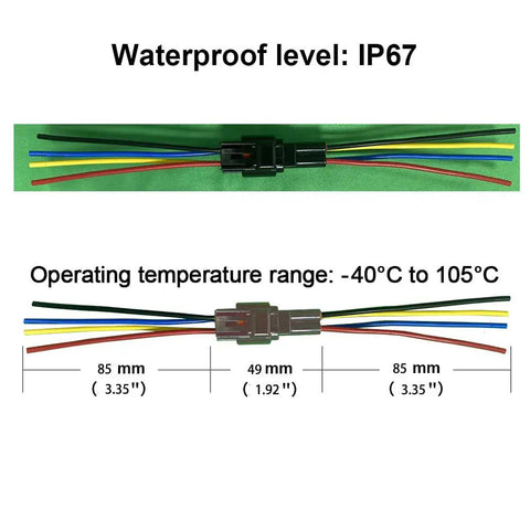4 Pin Waterproof Car Wiring Connector Kit With 10Cm 16AWG Copper Wire Quick Disconnect Male Female For Cars Trucks Motorcycles Boats Marine 5 Pack Weatherproof Sealed Silicone Jacket For Extra Durability In Harsh Weather Conditions showing two connectors with color-coded wires and dimensions.