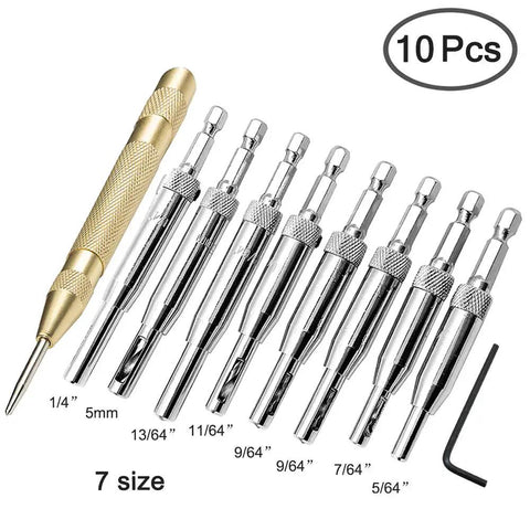Eight Piece Center Drill Bit Set With Automatic Center Punch for Cabinets and Woodworking, 7 sizes shown.