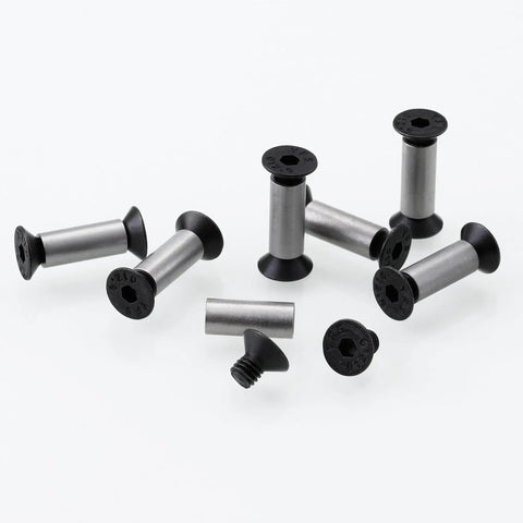 10 Pack Knife Handle Screws Rivets Bolts Kit for Knife Making and Blade Repair Black M4 Hex Flat Head Screws laid out on a table.