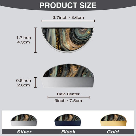 Product size details of Super Stylish Two Pack Galaxy Swirl Fluid Art Gold Dust Cabinet Pulls with 3-inch hole centers in brushed nickel.
