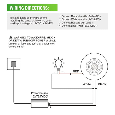 Wiring diagram for Low Voltage Ceiling Motion Sensor Occupancy Detector 360 Degree Field Of View High Sensitivity PIR 12V 24V 10A