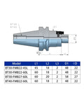Technical drawing of Rock Solid Cnc Collet Adapter Bt40 To Fmb22 showing dimensions and models for precise machining.