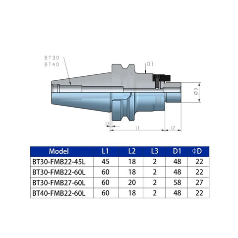 Technical drawing of Rock Solid Cnc Collet Adapter Bt40 To Fmb22 showing dimensions and models for precise machining.