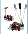 Hydraulic flow control valve, 3-spool with three lever handles, black body and red port plugs for tractor loaders