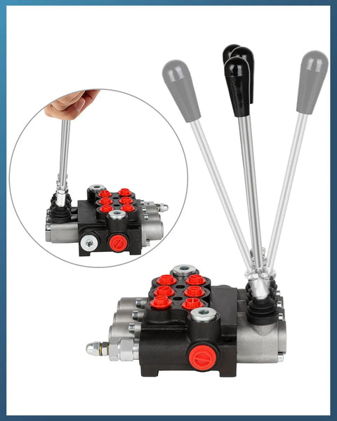 Hydraulic flow control valve, 3-spool with three lever handles, black body and red port plugs for tractor loaders