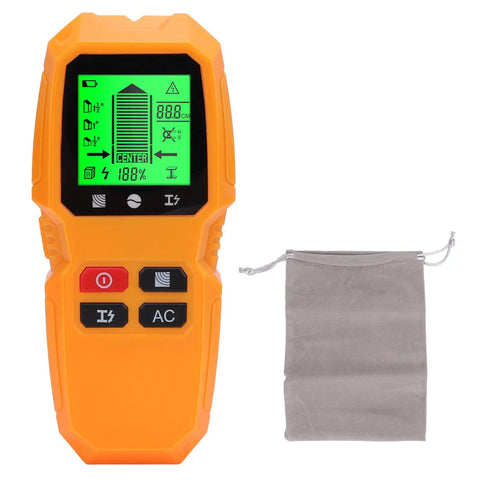 Fafeicy Wall Scanner 5 in 1 Stud Finder with LCD Display and Wire Detection in orange with display screen and included pouch.
