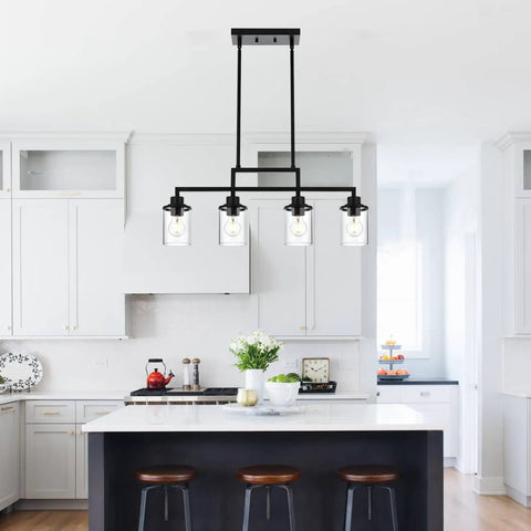 Dope Five Light Black Modern Chandeliers With Clear Glass Shades Industrial Pendant Lights in a kitchen setting