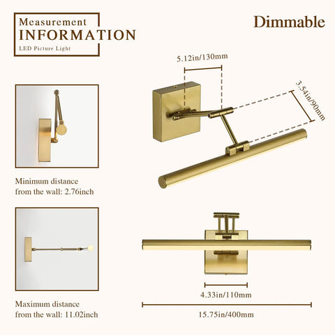 Dimensions illustration of Brass Gold LED Picture Light with Adjustable Swing Arm, 15.5 Inch, showing wall mount and arm details.