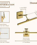 LED Picture Light For Art And Frames Dimmable 15.5 Inch Brass Wall Lamp with measurements and adjustable arm angles.