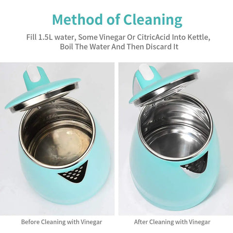 Electric Kettle With BPA Free No Plastic Contact Stainless Steel Interior Double Wall For Safe Hot Water Touch Cool To The Touch Coffee And Tea Pot Kettle With Auto Shut Off Boil Dry Protection 1.5L 2 Year Warranty interior cleaning view