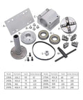 Hella Durable 3 Jaw And 4 Jaw Lathe Chuck Set For Cnc Router Woodworking, precision steel components arranged with measurements.
