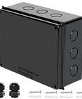 Hella Durable IP65 Waterproof ABS Junction Box Equipped With Two M24 Cable Glands For Heavy Duty Outdoor Electrical Setups And Custom Electronic Project Enclosures Premium Black Measuring Ten By Seven Point Nine By Four Point Seven Inches, displaying cable glands and screws.