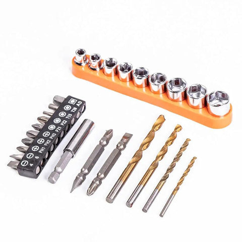 Plug And Play Flexible Shaft Adapter Set With Quick Change Hex Conversion Rods showcasing 27pc drill and socket bits on an organizer.