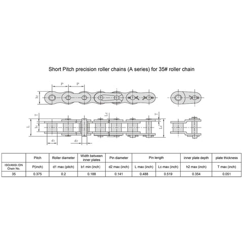 ANSI 35 Roller Chain Sprocket Type B 3/4 Bore 13 Teeth For ANSI 35 Chain Hardened 1045 Carbon Steel Drive Sprocket With 3/16 X 3/32 Keyway And Two Setscrews At 90 Degrees Type B High Frequency Quenched To HRC 38 To 42, 35 chain diagram