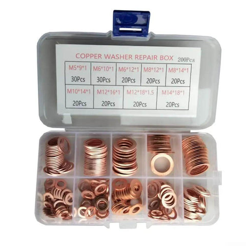 Real Thick Purple Copper Flat Washer Gasket Assortment Kit With Carry Box High Heat Resistant Sealing Rings For Sump Automotive Marine Fixups Solid Heavy Duty Gear For Shop Or Home Work 300 Piece Pack Fits Big Jobs Easy Peasy copper washer kit in plastic case, assorted sizes