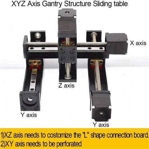 Mini T Linear Slide Stage With 50-300mm Stroke, Preinstalled 28mm Stepper, Compact Desktop Printer Ready Motion Platform For Small Automation Fixtures And Precise Linear Motion. XYZ axis gantry sliding table with labeled X, Y, Z linear stages and stepper motors