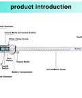 12 Inch Digital Caliper With Stainless Steel Body And IP54 Splash Proof Protection showing LCD, switches, scale details