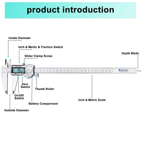 12 Inch Digital Caliper With Stainless Steel Body And IP54 Splash Proof Protection showing LCD, switches, scale details