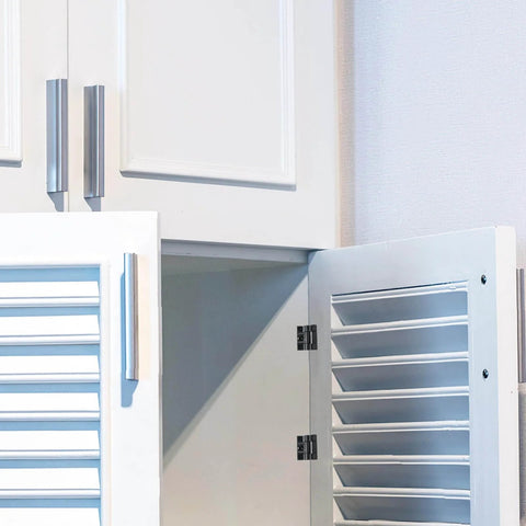 Adjustable Torque Hinges Set 10 Pack GTILE 43x36mm Position Control Door Hinges in Black installed on white cabinet doors.