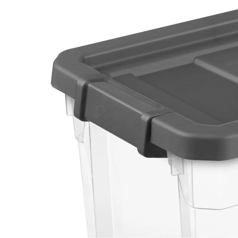 Close-up of Modular Clear Box Stacker 30 Quart Storage System with clear body and easy access gray lid, stackable for home or office use.