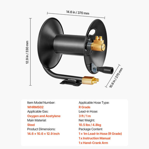 Heavy Duty Welding Hose Reel With Hand Crank Rewind Three Foot Lead In Hose And 9/16-18 BF Fittings Rugged Steel Reel dimensions