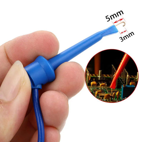 Close-up of blue test hook cable from Pro Grade 39 Inch Multimeter Test Lead Set 5 Piece Stackable Banana Plug To Test Hook Cables Kit