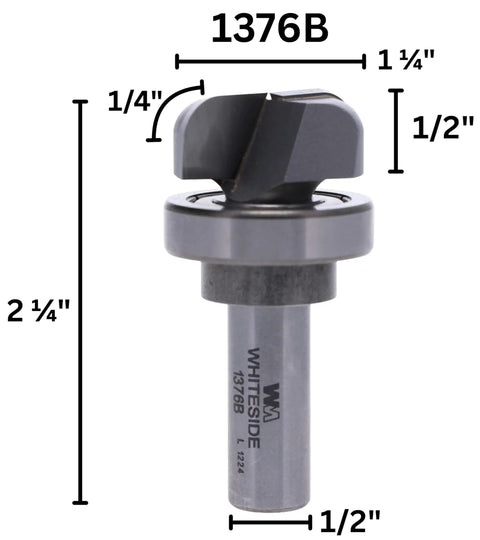 Carbide Tipped Bowl And Tray Router Bit With 1 1/4 Inch Cutting Diameter 1/2 Inch Cutting Length 1/4 Inch Radius And 1/2 Inch Shank For Flat Bottom Bowls And Trays DIY Woodworking On 1/2 Inch Collets in front view.