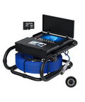 Built Tough 50M Pipe Inspection Camera with 7 inch screen, blue cable, 16GB card for sewer diagnostics and drain clearing.