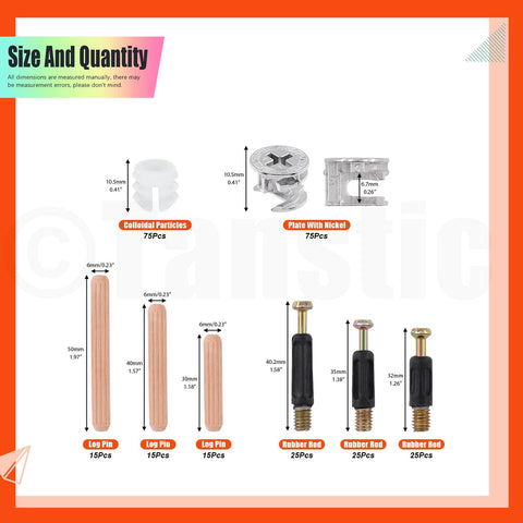 Three In One Furniture Connecting Hardware Kit With Cam Locks And Dowels, 270 Pcs Including Cam Lock Nuts, Pre Inserted Nuts, Wood Dowels And Pins size chart