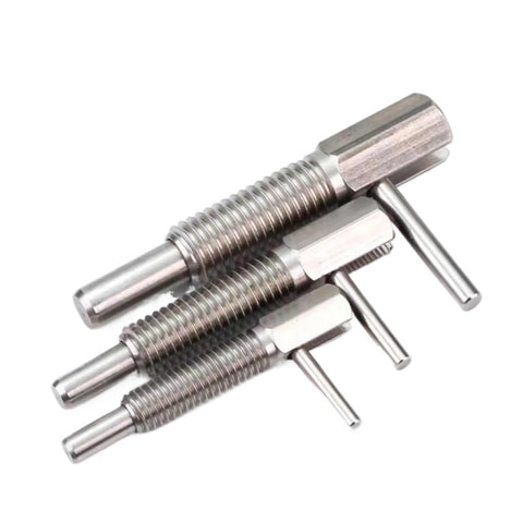 Three sizes of Heavy Duty Hand Retractable Indexing Plunger Bolts featuring Lock Tight Coarse Teeth Grip and Easy Pull L Handle.