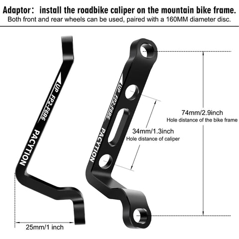 Disc Brake Adapter 160mm For Front And Rear Calipers, Aluminum CNC Bike Post Mount To Flat Mount Converter With Bolts shown in detail.