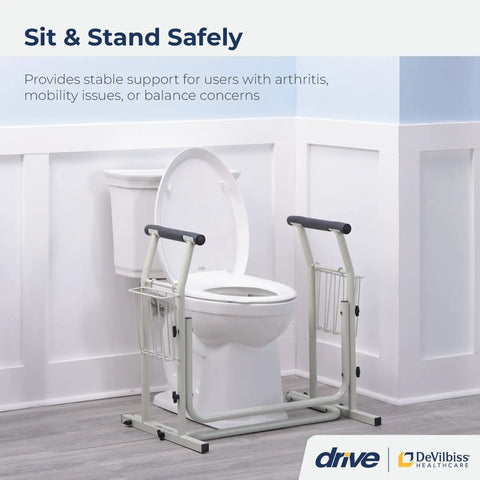 Freestanding toilet safety frame with aluminum grab bar, sturdy rail around toilet for stability, supports up to 300 pounds.