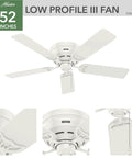 Low Profile 52 Inch White Ceiling Fan With Pull Chain, Quiet Multi Speed Reversible Motor, Classic Design, White Blades