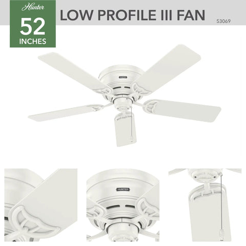 Low Profile 52 Inch White Ceiling Fan With Pull Chain, Quiet Multi Speed Reversible Motor, Classic Design, White Blades