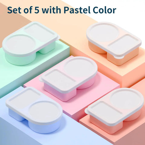 Five Pack Silicone Snack Containers With Two Compartments And Lids 8 Oz Capacity Rainbow Set displayed in pastel colors