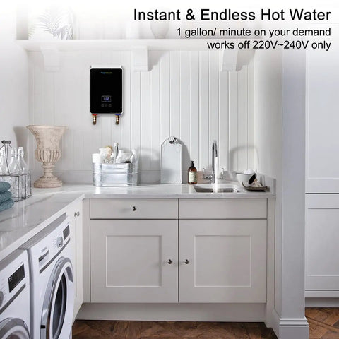 High Flow Tankless Water Heater 5.5kW 240V for point of use in white kitchen with sink and washing machine